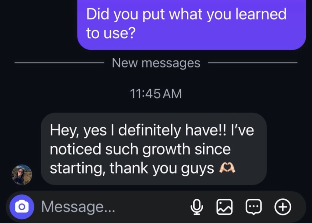 Client message about noticeable growth since starting