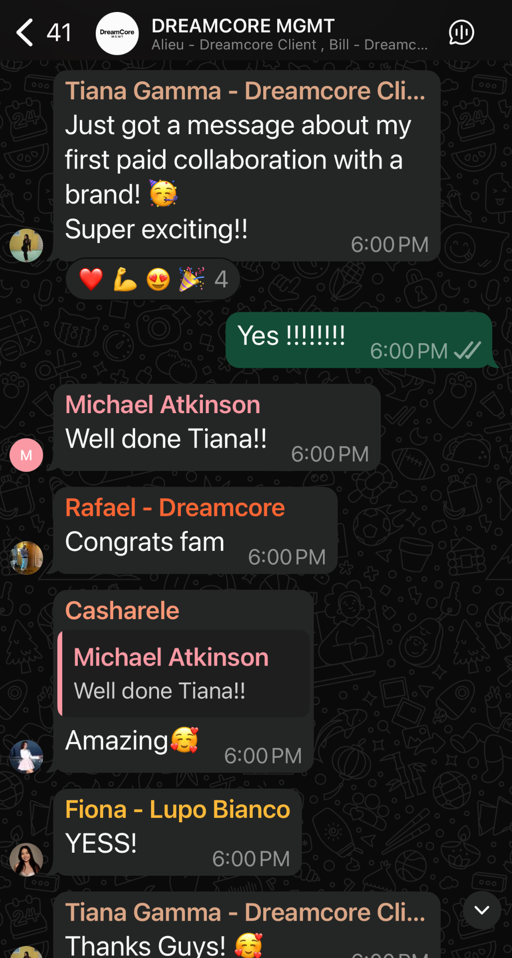 Tiana's first paid collaboration message in Dreamcore chat
