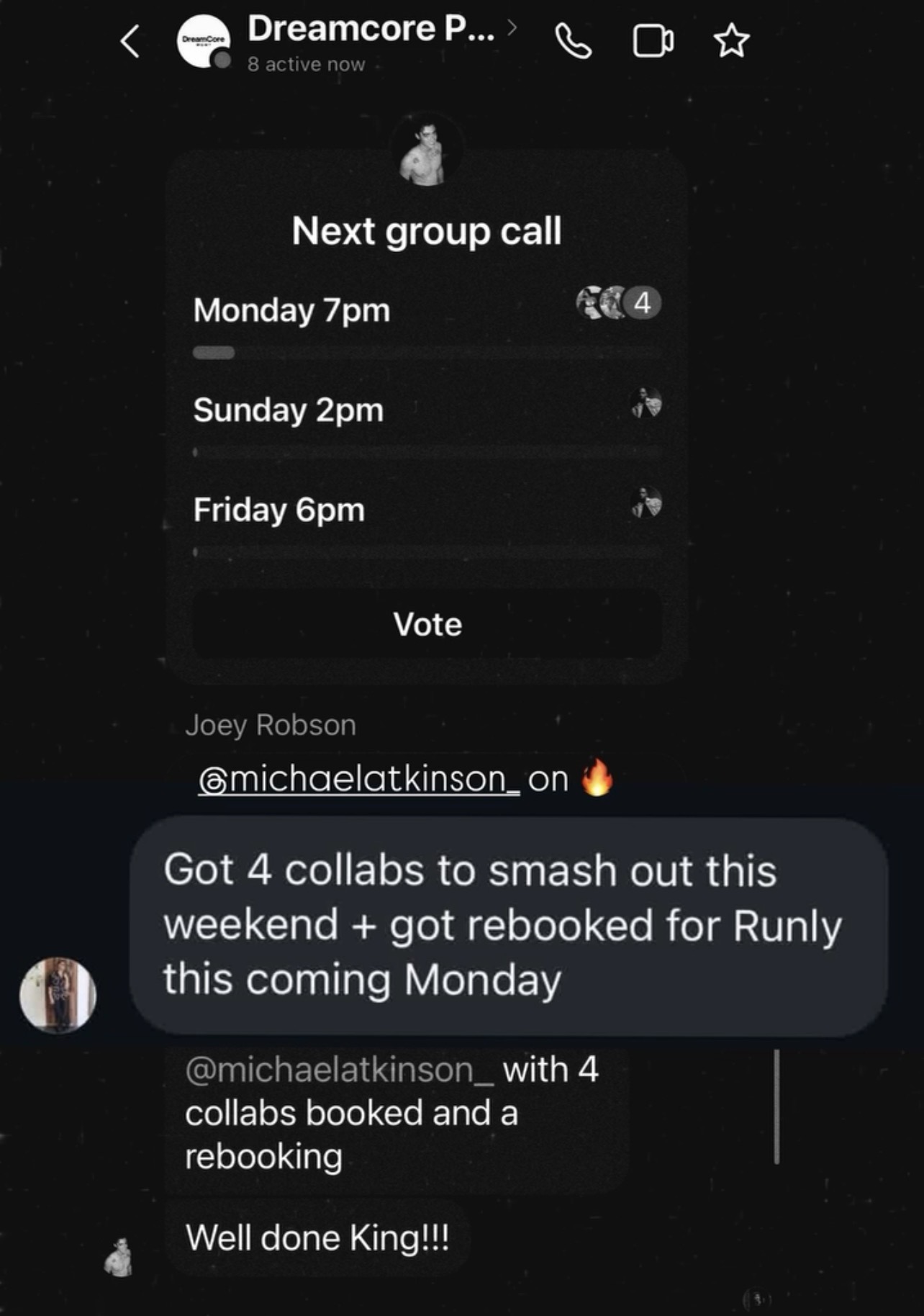 Dreamcore portal group call schedule and member wins