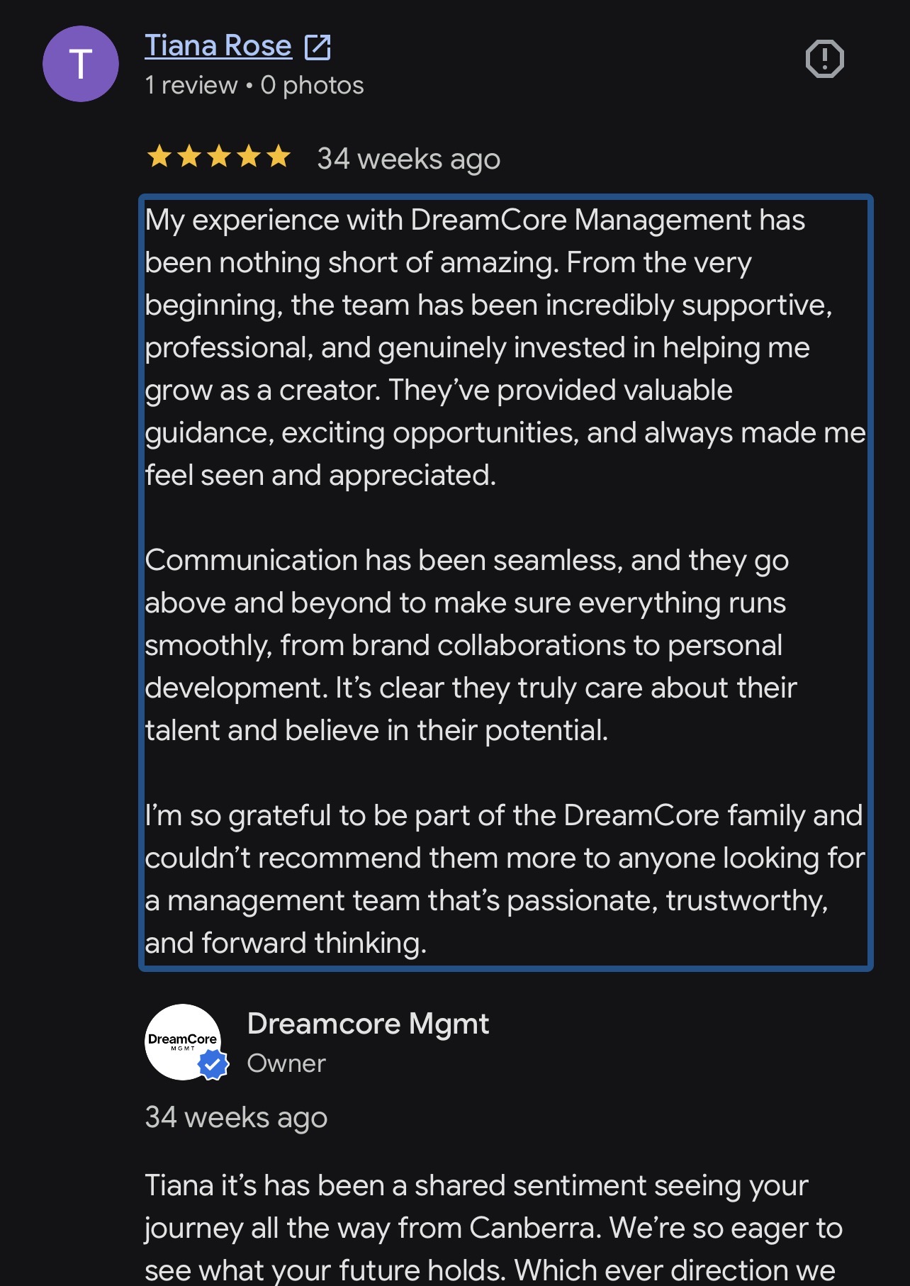 Creator message about brand collaborations and support