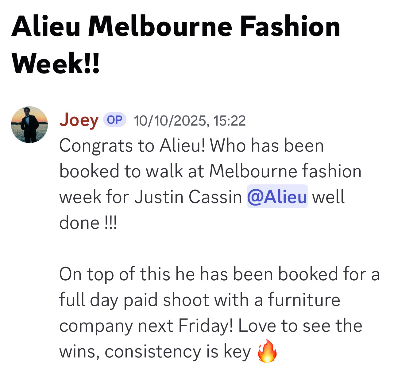 Alieu booked to walk Melbourne Fashion Week for Justin Cassin