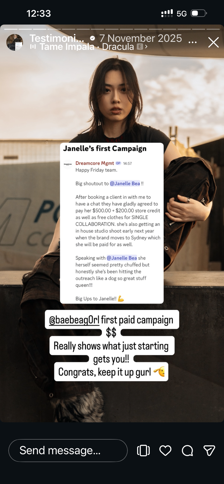 Janelle's first paid campaign — $500 + $200 credit + clothing
